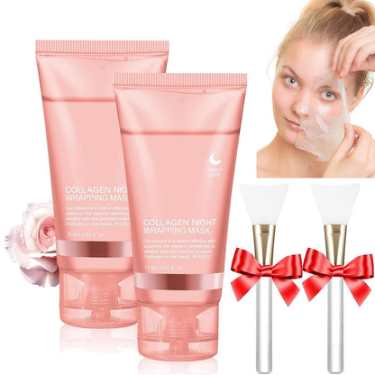 2 Stuks Collagen Night Wrapping Mask, Korean Collagen Mask, Collageen Face Mask, Collagen Overnight Face Mask Peel-Off Gezichtsmasker, Hydraterend en Verstevigend, Nachtmaskers